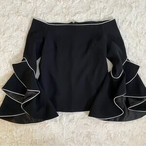 nha khanh Women's Flounce Bell Sleeve Blouse Size 2 Off the Shoulder Zip Up